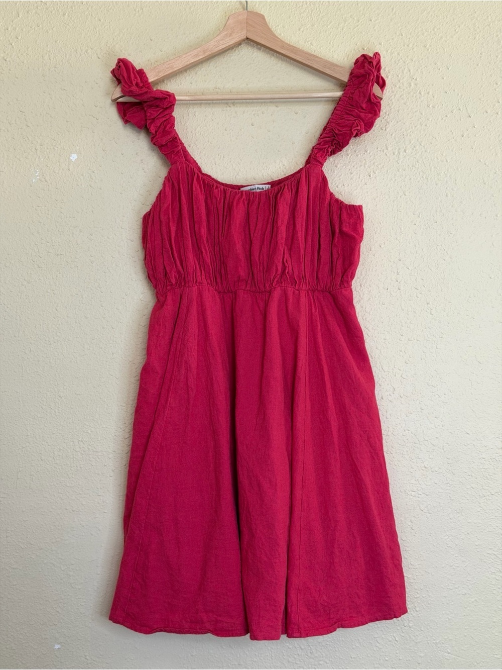 Abercrombie & Fitch | Pink Linen Blend Mini Dress Ruched Ruffle Pockets - Size L - Picture 2 of 7